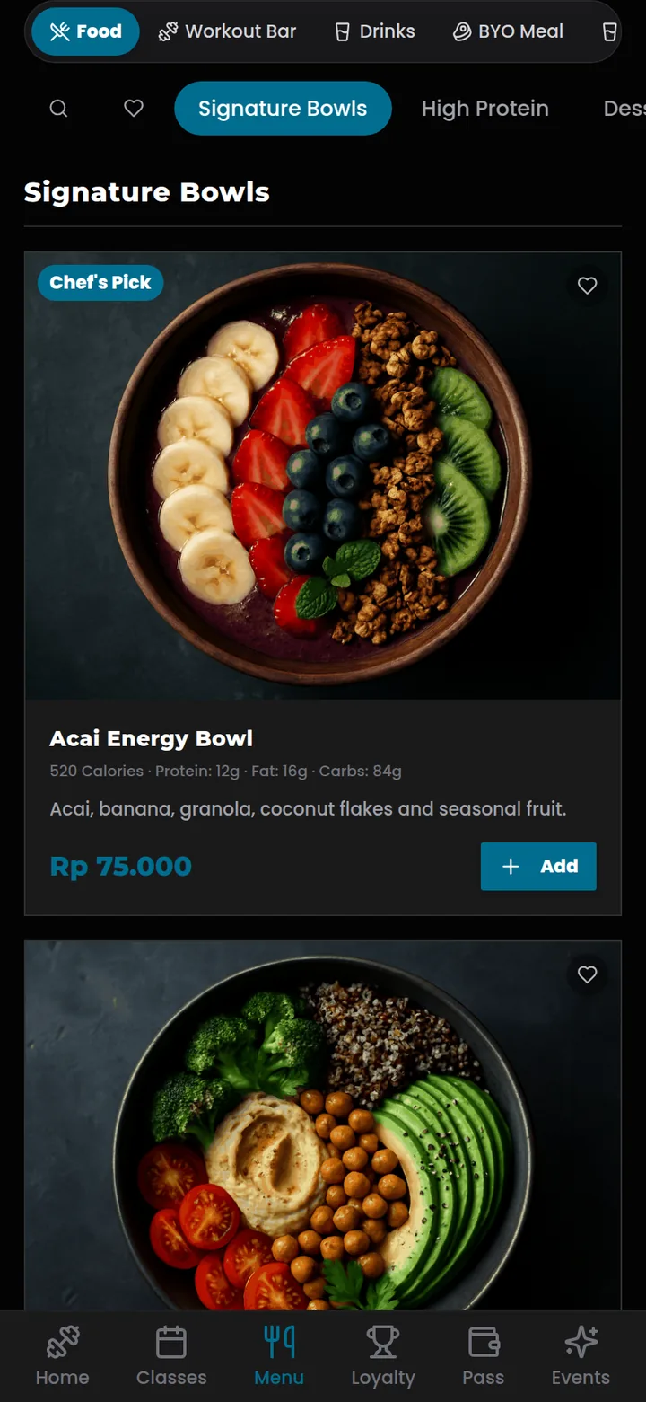 Menu du restaurant dans l’application FirstGym Tech : bowls signatures avec photos, calories, macros et bouton d’ajout au panier