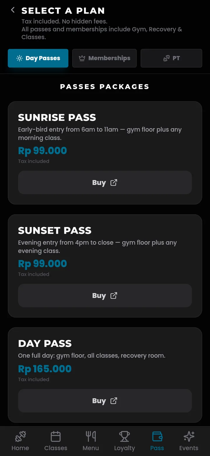 Vente de passes dans l’application : day passes et abonnements avec tarifs et bouton d’achat en ligne
